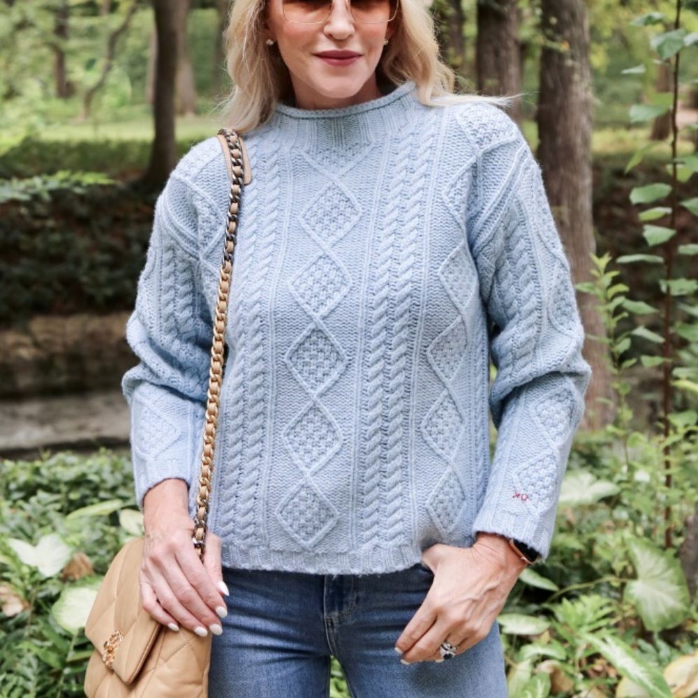 Frances Valentine Wool Fisherman Skipper Knit Pullover Sweater Sky Light Blue